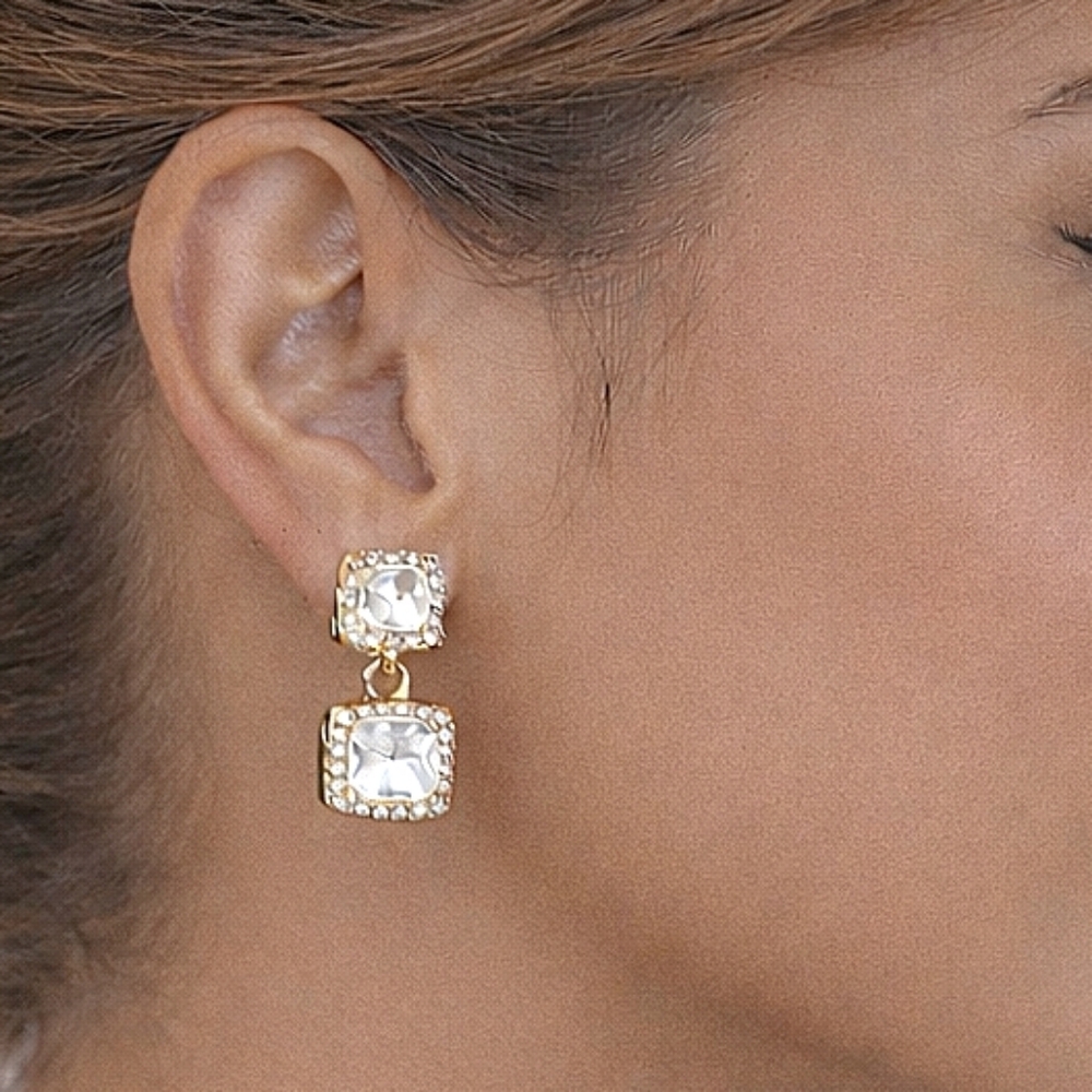 Gold Tone Rhinestone Statement Earrings Square Dangle Cocktail Party event